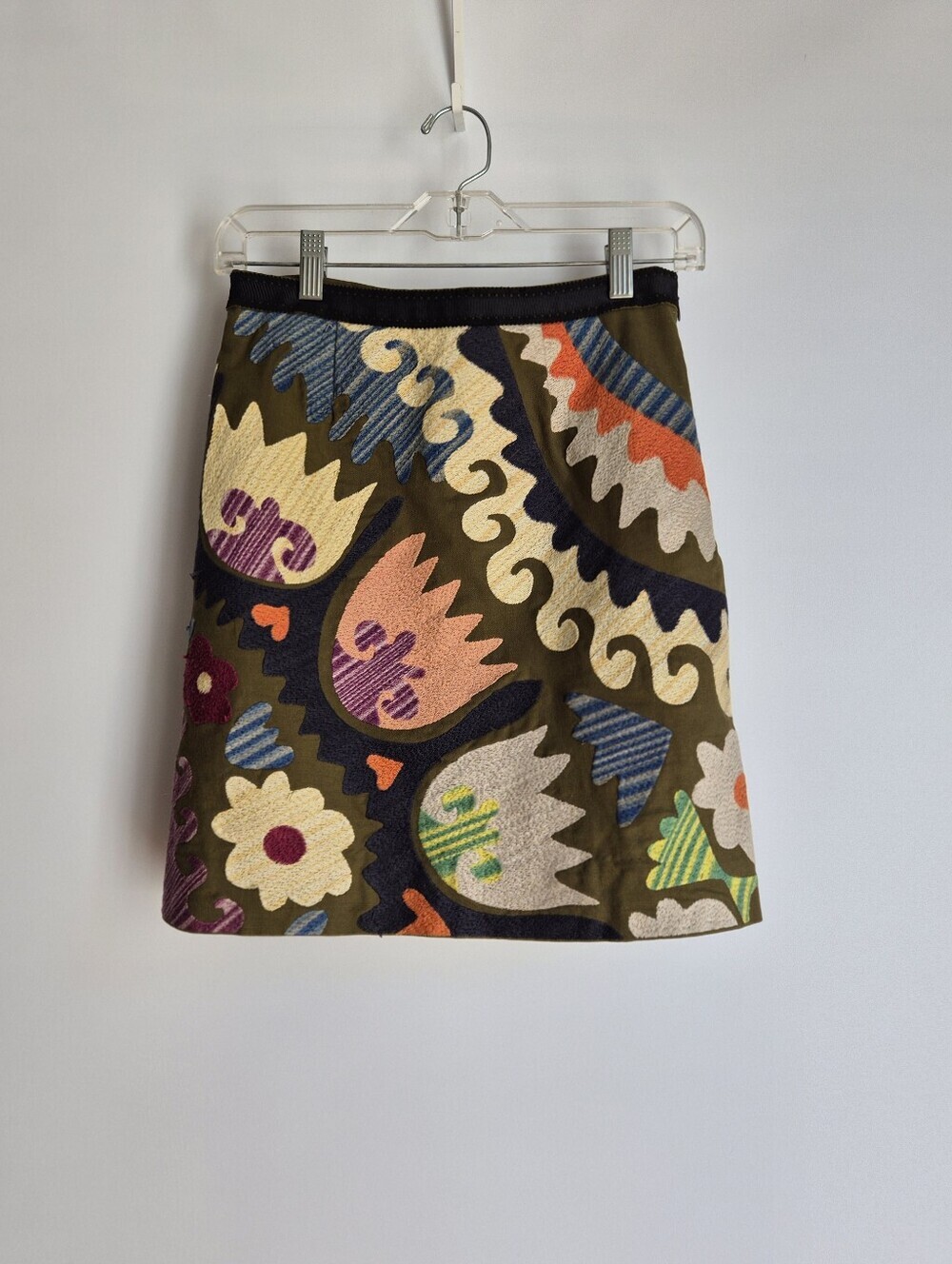Anthropologie Vanessa Virginia Tulipa Embroidered Skirt Size 0 Olive Green Boho